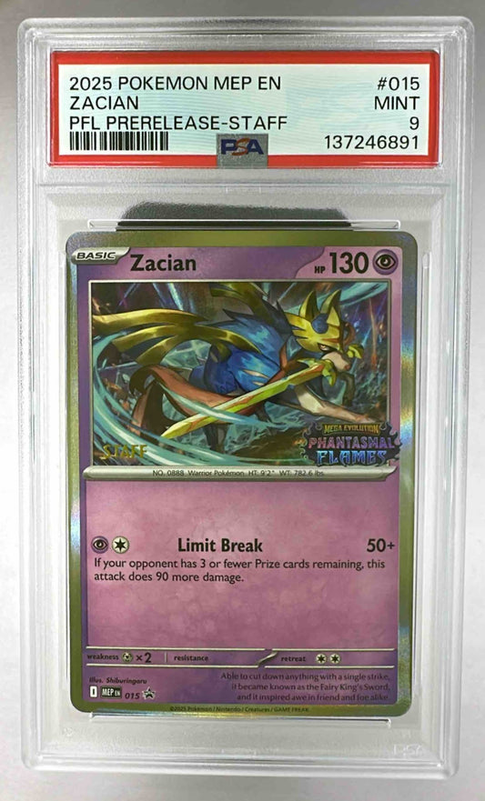 A PSA 9 graded Zacian Pokemon card from the 2025 MEP set in a protective plastic slab.