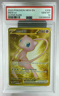 A PSA 10 graded 2023 Pokemon Mew ex gold hyper rare card in a protective plastic slab.