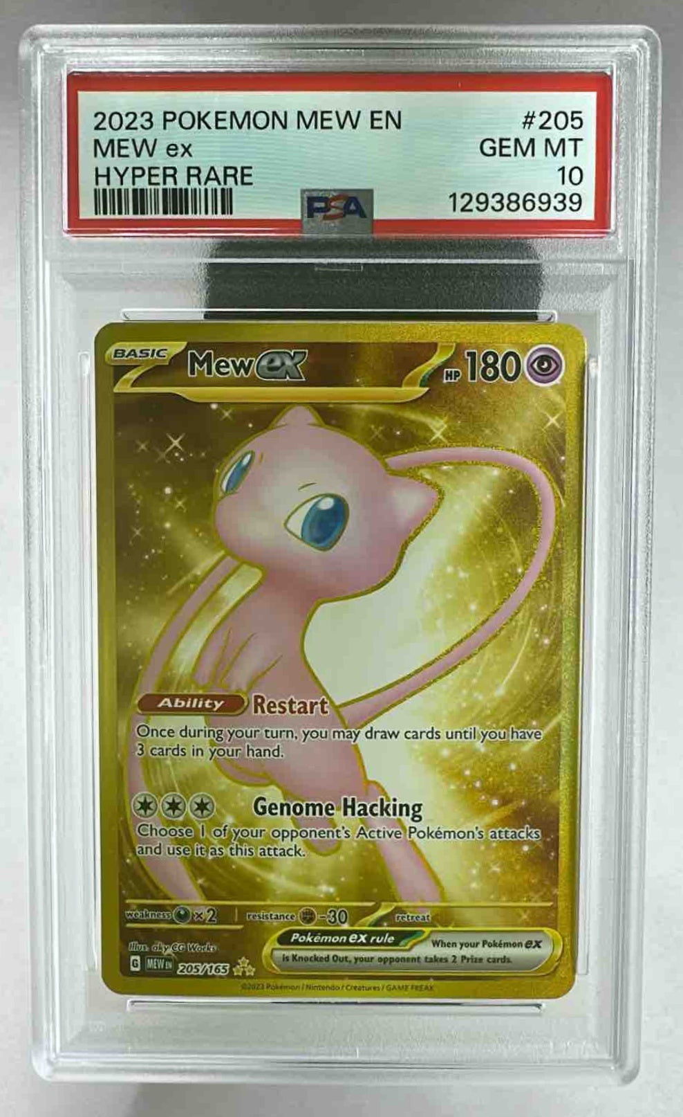 A PSA 10 graded 2023 Pokemon Mew ex gold hyper rare card in a protective plastic slab.