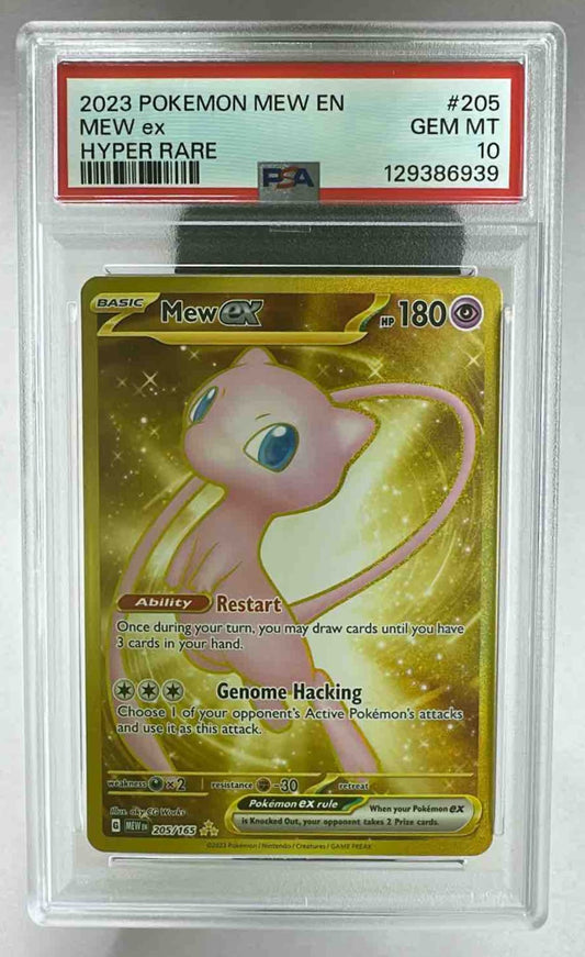 A PSA 10 graded 2023 Pokemon Mew ex gold hyper rare card in a protective plastic slab.