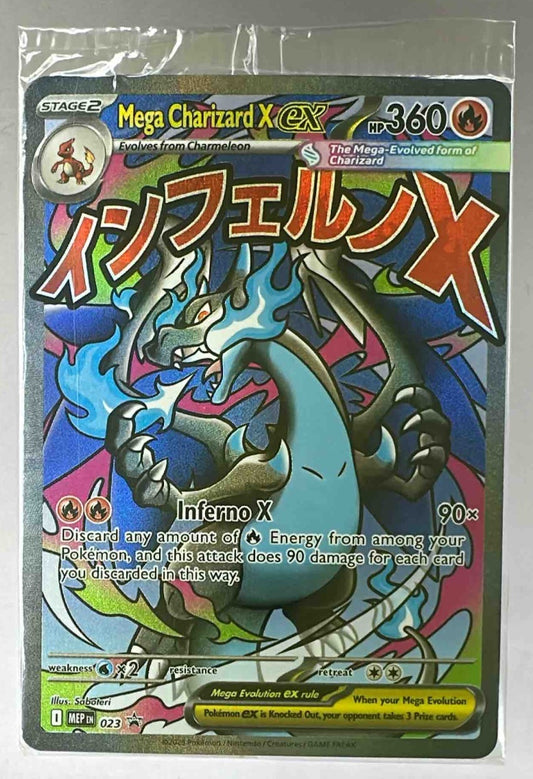 A Mega Charizard X ex trading card in a plastic sleeve featuring blue flames and Japanese text.