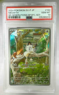 A PSA 10 graded Japanese Meowth Pokemon promo card in a protective plastic slab.
