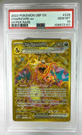 A PSA 10 graded Charizard ex gold hyper rare card from the Pokemon Obsidian Flames set.
