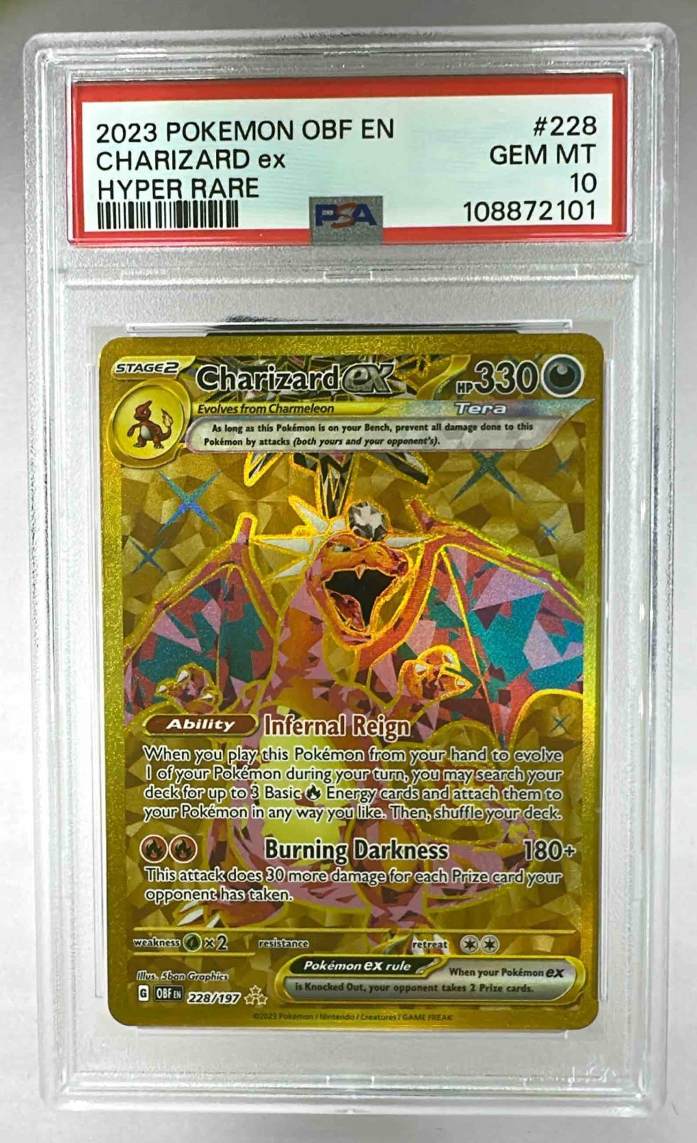 A PSA 10 graded Charizard ex gold hyper rare card from the Pokemon Obsidian Flames set.