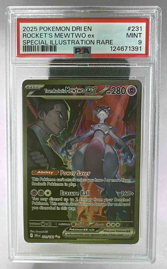 A PSA 9 graded Team Rocket's Mewtwo ex card from the 2025 Pokemon Destined Rivals set.