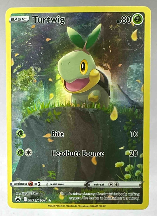 A Turtwig Pokemon card from the Crown Zenith Galarian Gallery set featuring artistic forest scenery.