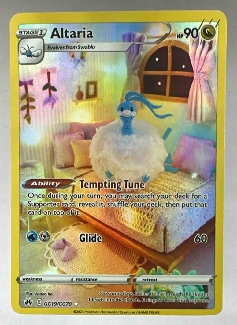 A Pokemon Altaria card from the Crown Zenith Galarian Gallery featuring a crocheted art style.