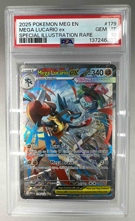 A PSA 10 graded Mega Lucario ex Special Illustration Rare Pokemon card in a protective slab.