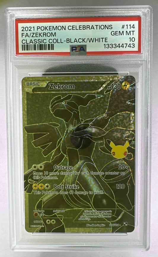 A PSA 10 graded Zekrom Pokemon card from the 2021 Celebrations Classic Collection.