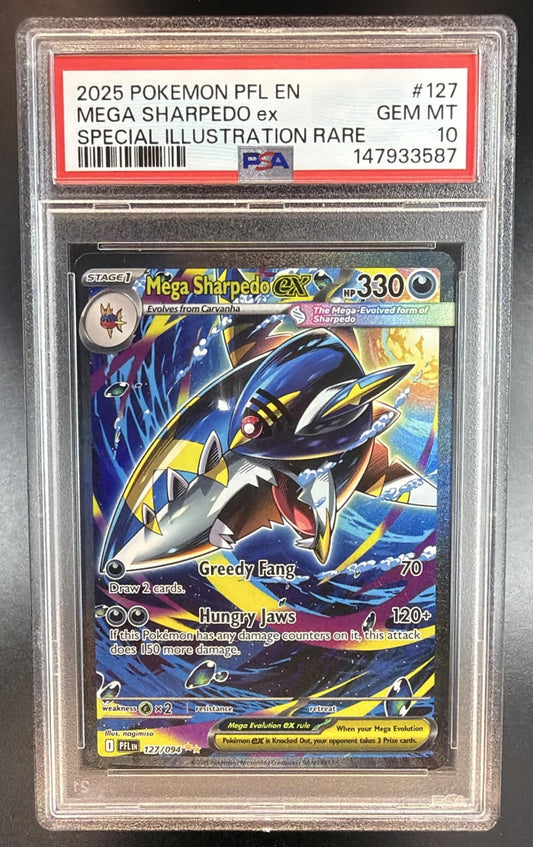 2025 Pokemon Phantasmal Flames Mega Sharpedo ex #127/094 Special Illustration Rare PSA 10