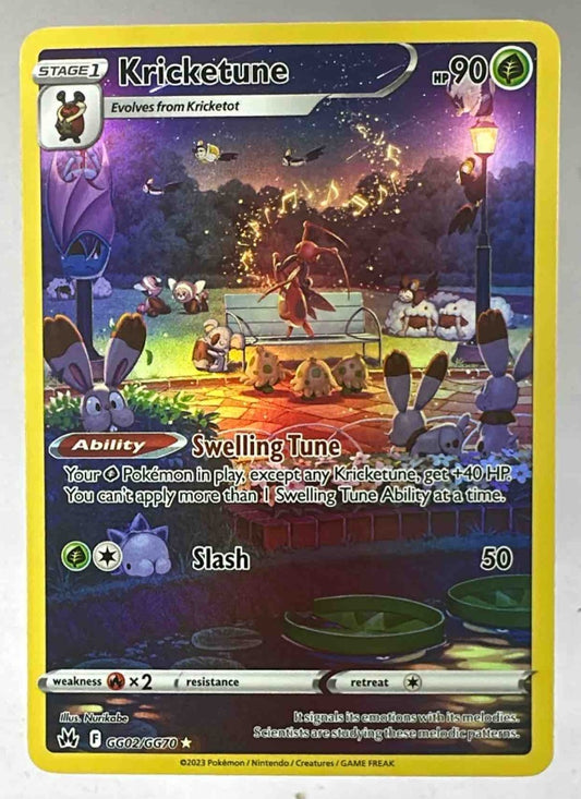 A Kricketune Pokemon card from the Crown Zenith Galarian Gallery set featuring artistic scenery.