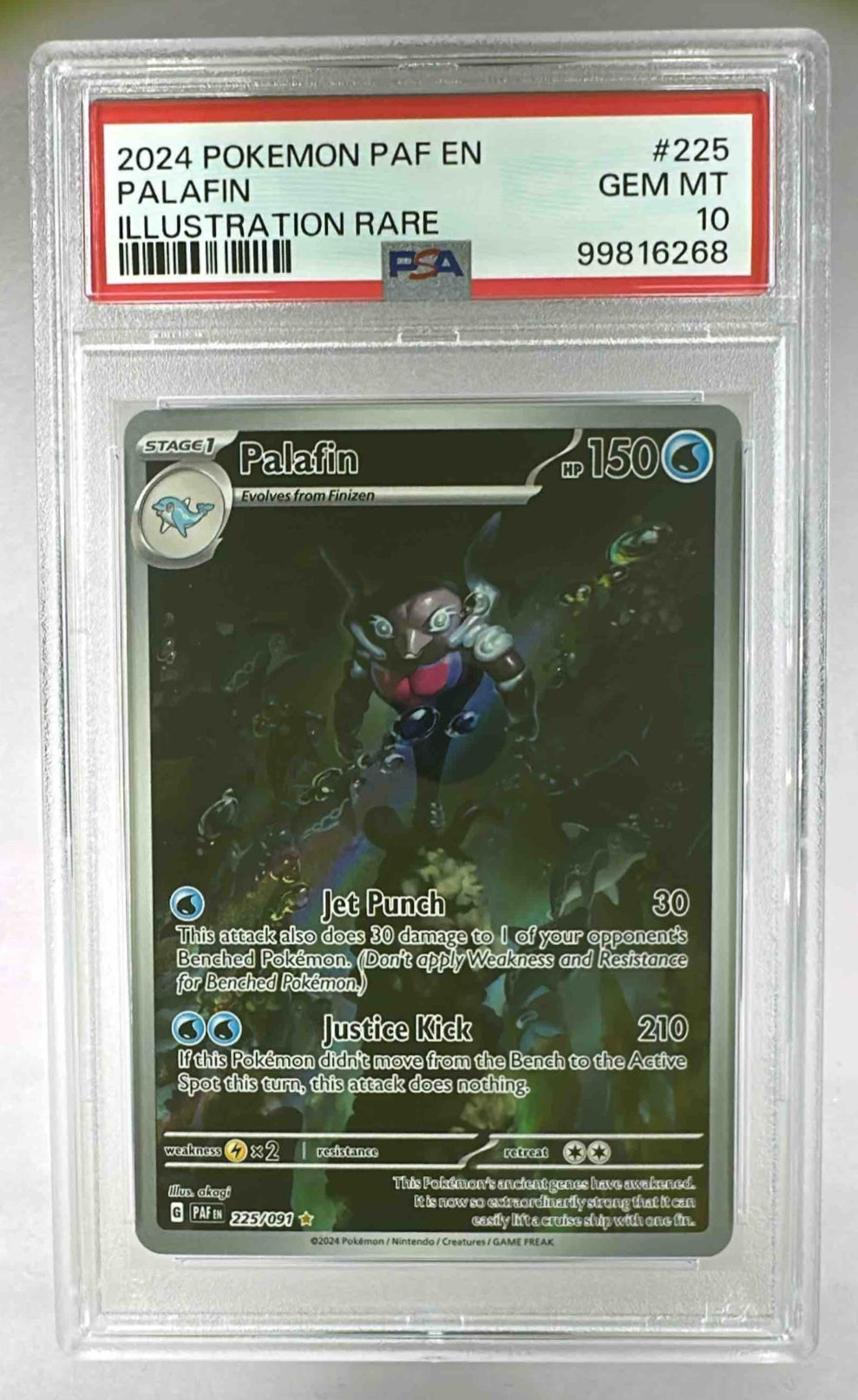 A PSA 10 graded Palafin illustration rare Pokemon card from the 2024 Paldean Fates set.