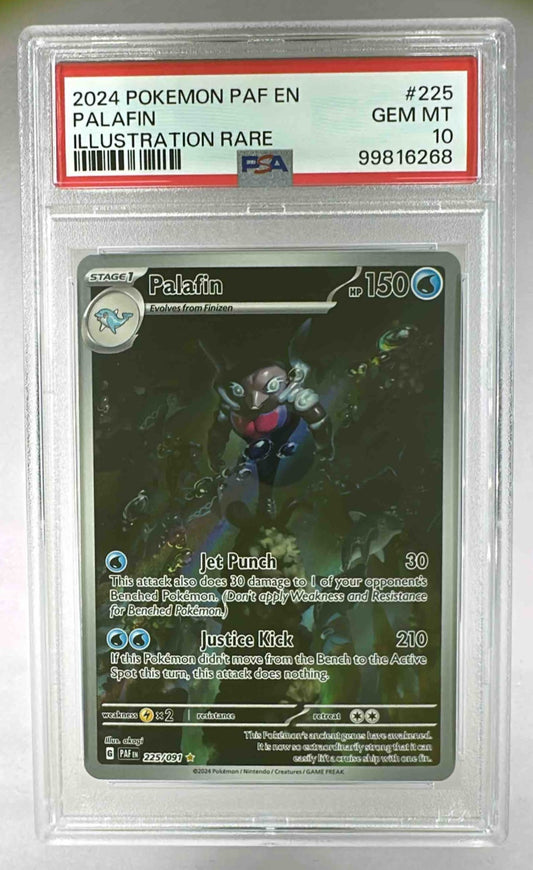A PSA 10 graded Palafin illustration rare Pokemon card from the 2024 Paldean Fates set.