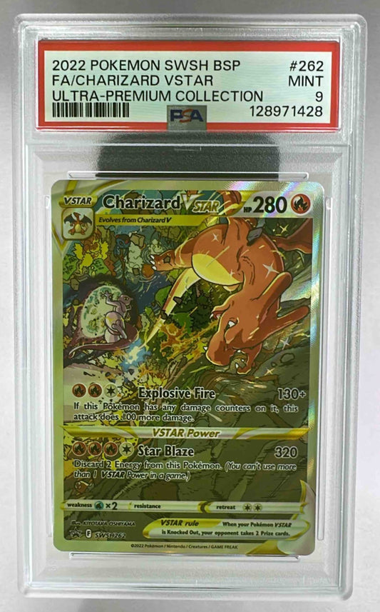A PSA 9 graded Charizard VSTAR SWSH262 promo card in a protective plastic slab.