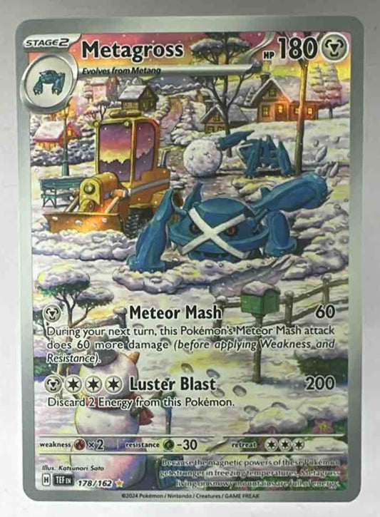 A Metagross Pokemon card from the 2024 Temporal Forces set featuring winter landscape artwork.