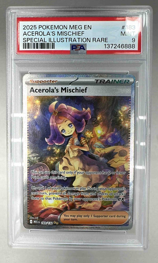 A PSA 9 graded Acerola's Mischief Pokemon card in a protective plastic slab.