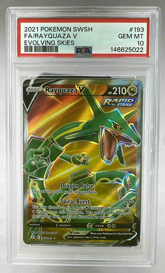 A PSA 10 graded Rayquaza V Pokemon card from the Evolving Skies set in a protective slab.