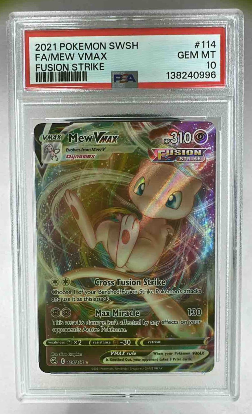 A PSA 10 graded Mew VMAX card from the 2021 Pokemon Fusion Strike set in a protective slab.