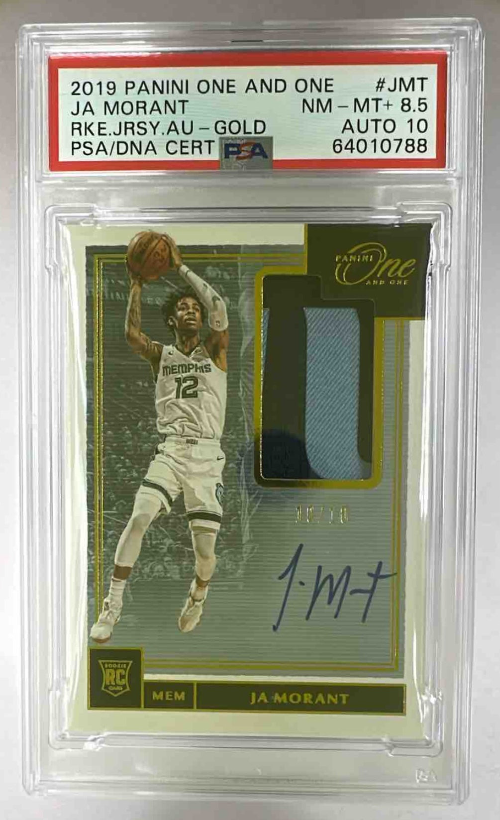 A graded 2019 Panini One and One Ja Morant rookie jersey autograph card numbered out of ten.