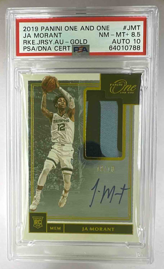 A graded 2019 Panini One and One Ja Morant rookie jersey autograph card numbered out of ten.