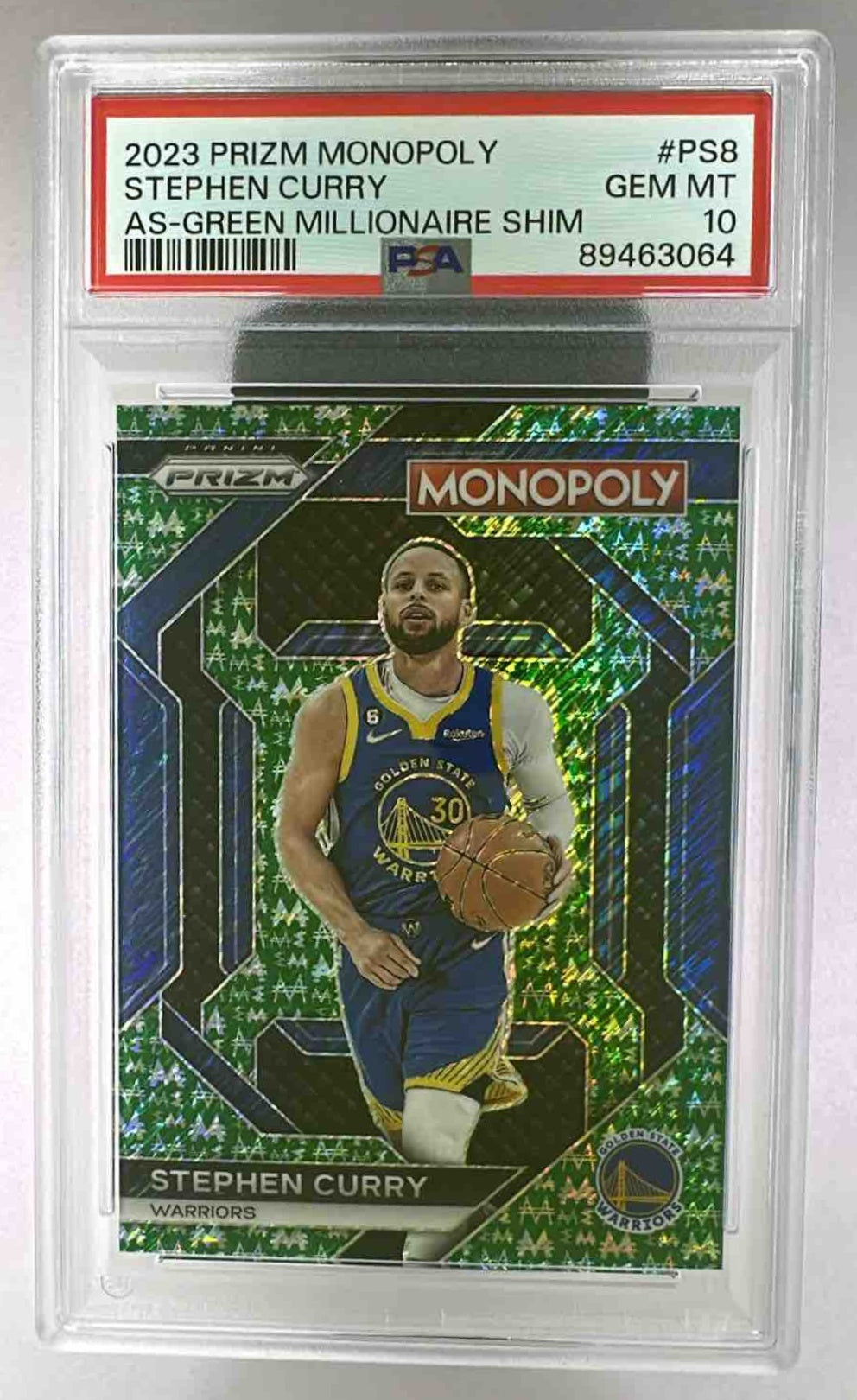A PSA 10 graded 2023 Panini Prizm Monopoly Stephen Curry Green Millionaire Shimmer trading card.