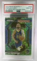 A PSA 10 graded 2023 Panini Prizm Monopoly Stephen Curry Green Millionaire Shimmer trading card.