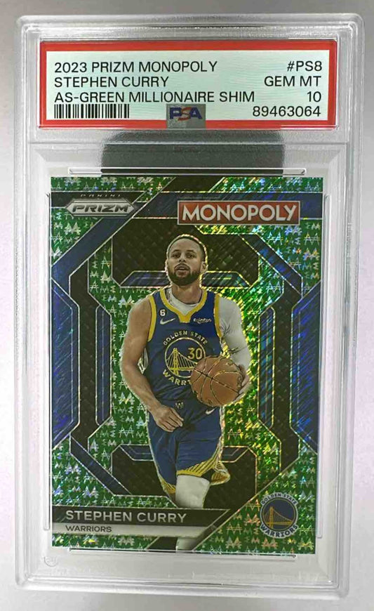 A PSA 10 graded 2023 Panini Prizm Monopoly Stephen Curry Green Millionaire Shimmer trading card.
