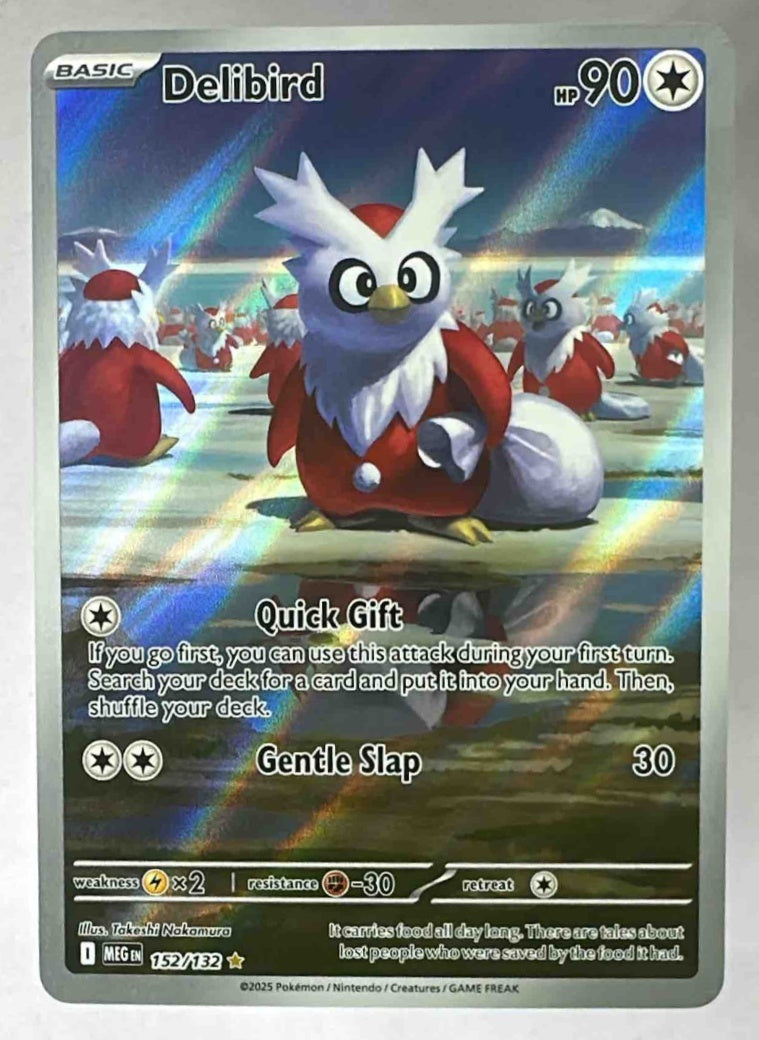A full-art Delibird Pokemon card featuring an illustration of multiple Delibird in a snowy landscape.