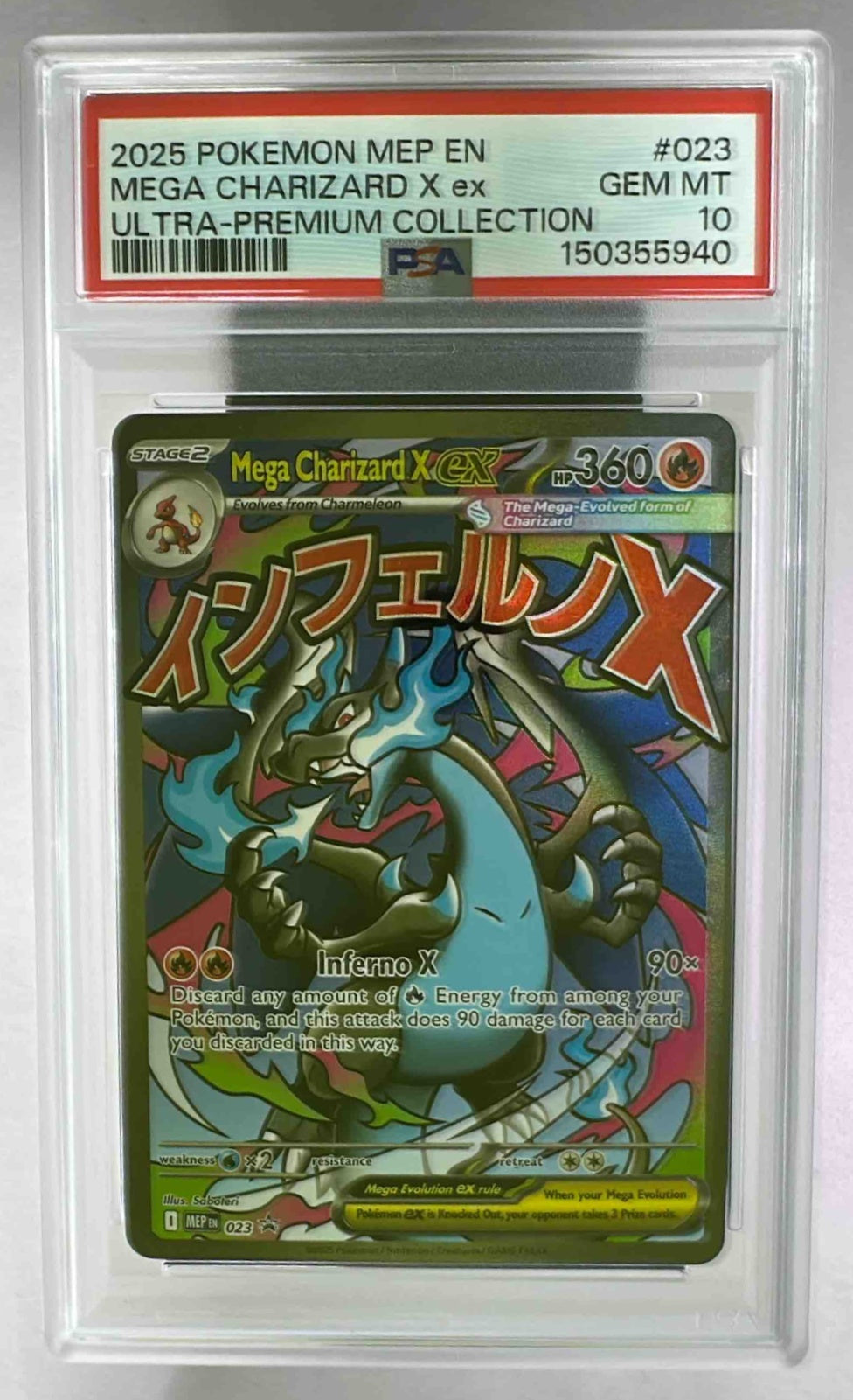 A PSA 10 graded Mega Charizard X ex Pokemon card from the 2025 MEP series in a plastic slab.