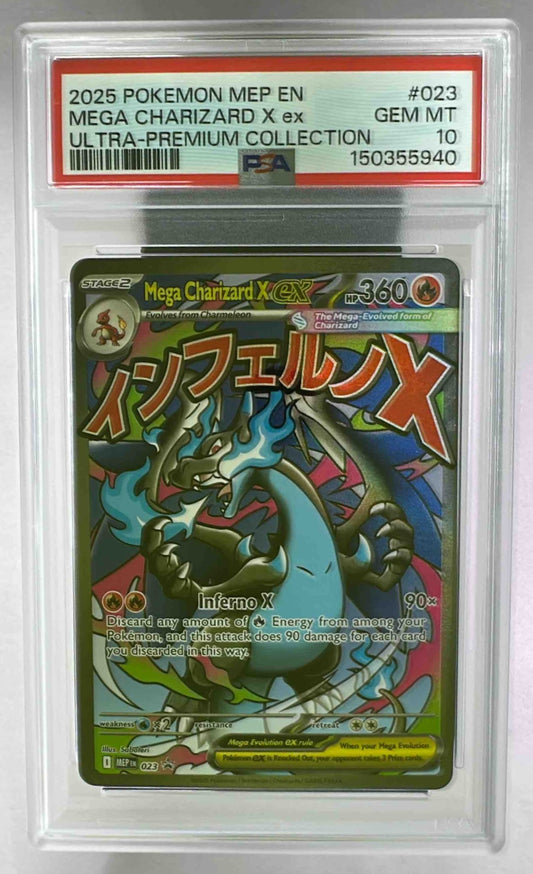 A PSA 10 graded Mega Charizard X ex Pokemon card from the 2025 MEP series in a plastic slab.