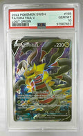 A PSA 10 graded Giratina V Pokemon card from the Lost Origin set in a protective plastic slab.