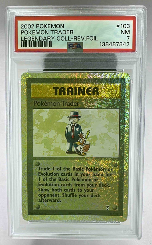 A PSA 7 graded 2002 Pokemon Legendary Collection Pokemon Trader reverse holo card.