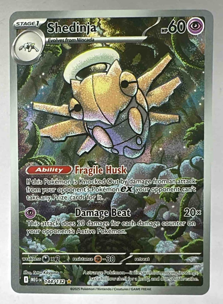 A Shedinja Illustration Rare Pokemon card featuring detailed forest artwork.