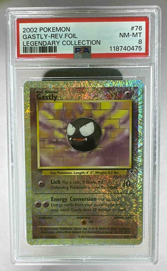A PSA 8 graded 2002 Pokemon Legendary Collection Gastly reverse holo card in a plastic slab.