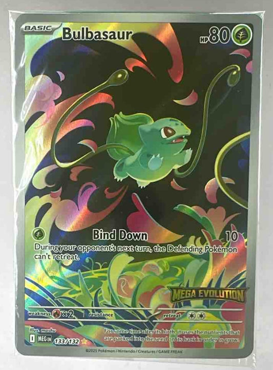 A 2025 Pokemon Mega Evolution Bulbasaur promo card in a protective sleeve.