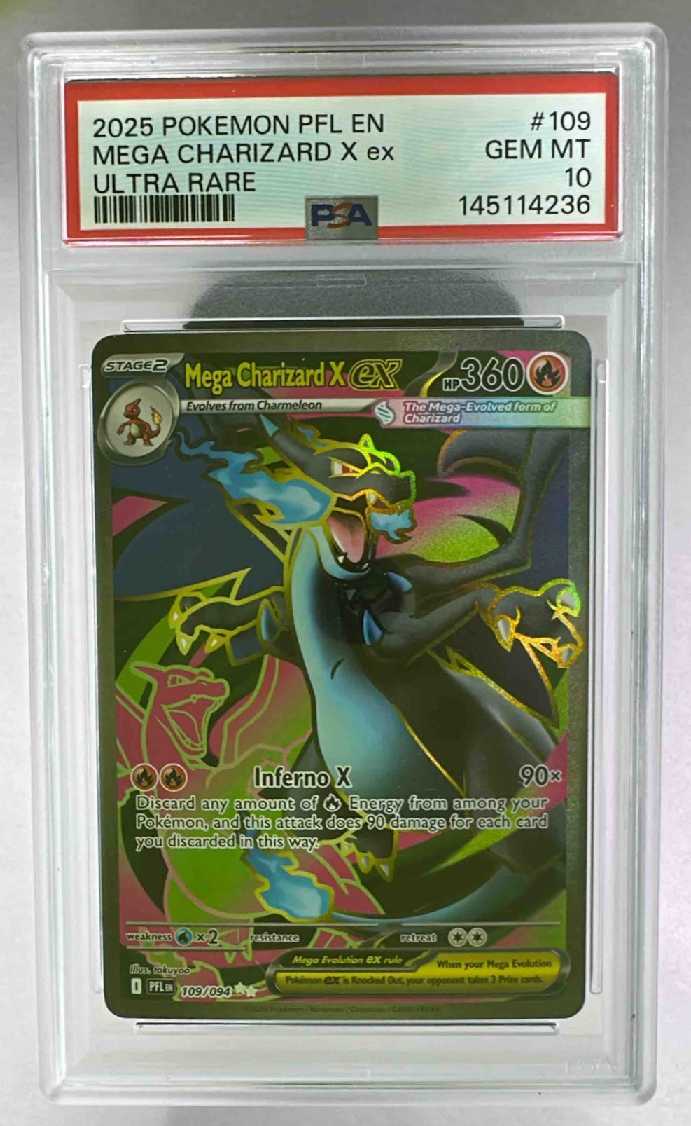 A PSA 10 graded Mega Charizard X ex trading card from the 2025 Pokemon Phantasmal Flames set.