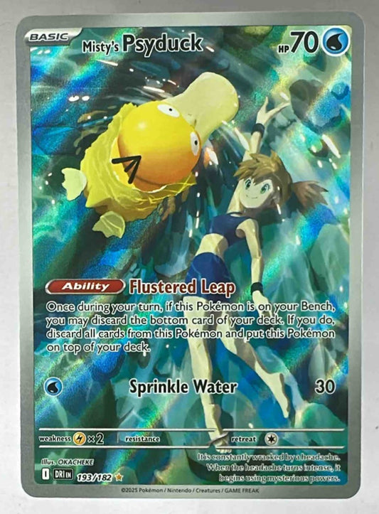 A Misty's Psyduck Pokemon trading card from the 2025 Destined Rivals set.