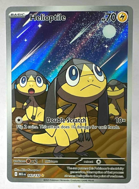 A holographic Helioptile Pokemon card featuring three Helioptile under a starry night sky.