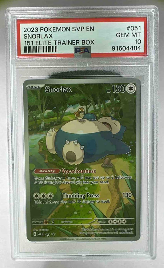 A PSA 10 graded Snorlax Pokemon promo card in a protective plastic slab.