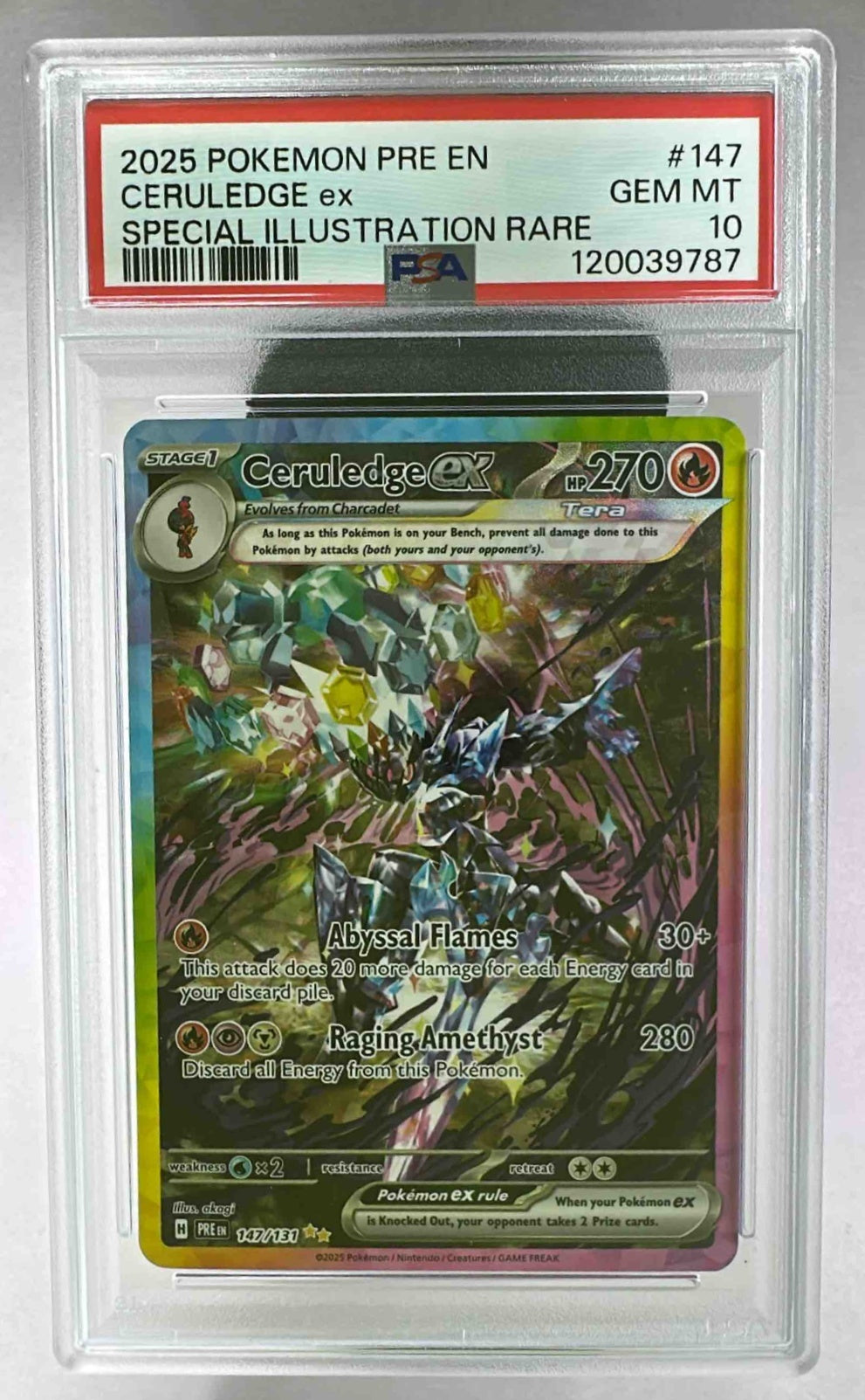 A PSA 10 graded Ceruledge ex Pokemon card from the 2025 Prismatic Evolutions set.