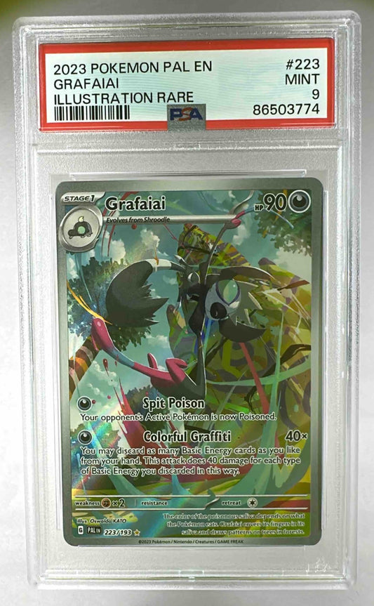 A PSA 9 graded Grafaiai illustration rare Pokemon card from the Paldea Evolved set.