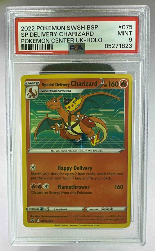 A PSA 9 graded Special Delivery Charizard Pokemon card in a protective plastic slab.