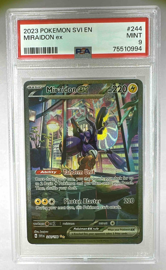 A PSA 9 graded Miraidon ex #244/198 Pokemon card from the Scarlet and Violet set.