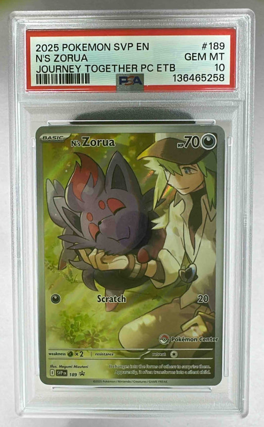 A PSA 10 graded N's Zorua Pokemon card featuring N and Zorua in a protective plastic slab.