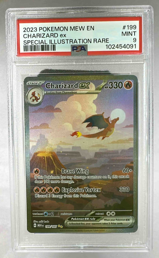 A PSA 9 graded Charizard ex Pokemon card from the 2023 SV 151 set in a protective slab.