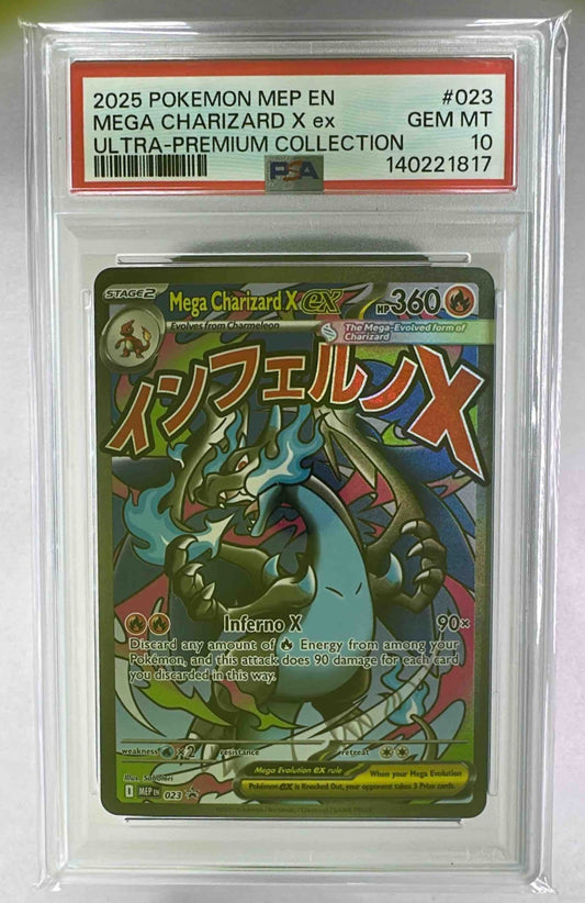 A PSA 10 graded Mega Charizard X ex trading card from the 2025 Pokemon MEP collection.