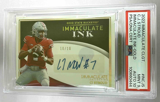 A 2022 C.J. Stroud Immaculate Ink Gold football card graded PSA 10 in a protective slab.