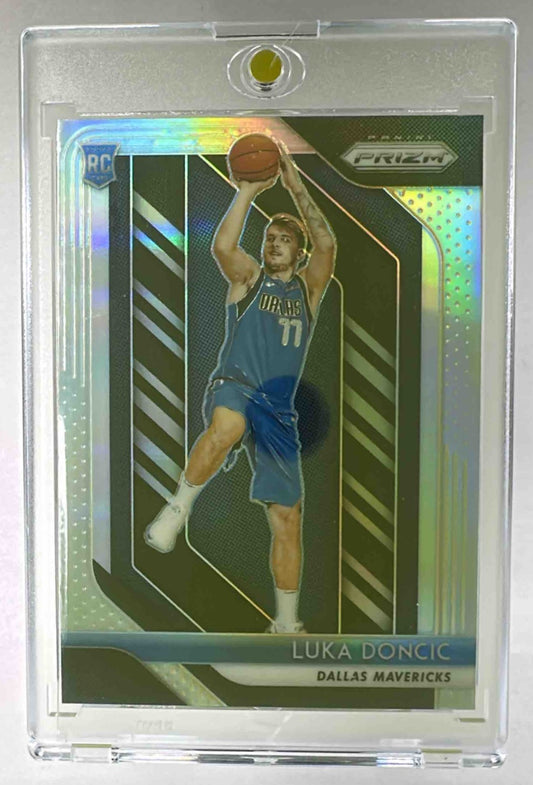 2018-19 Panini Prizm Luka Doncic rookie card in a protective plastic case.