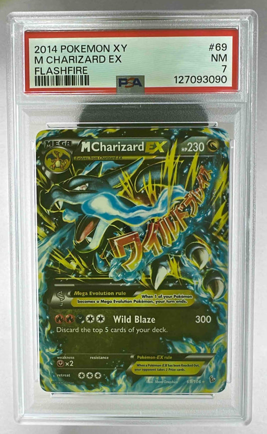 A PSA 7 graded 2014 Pokemon XY Flashfire Mega Charizard card in a protective plastic slab.