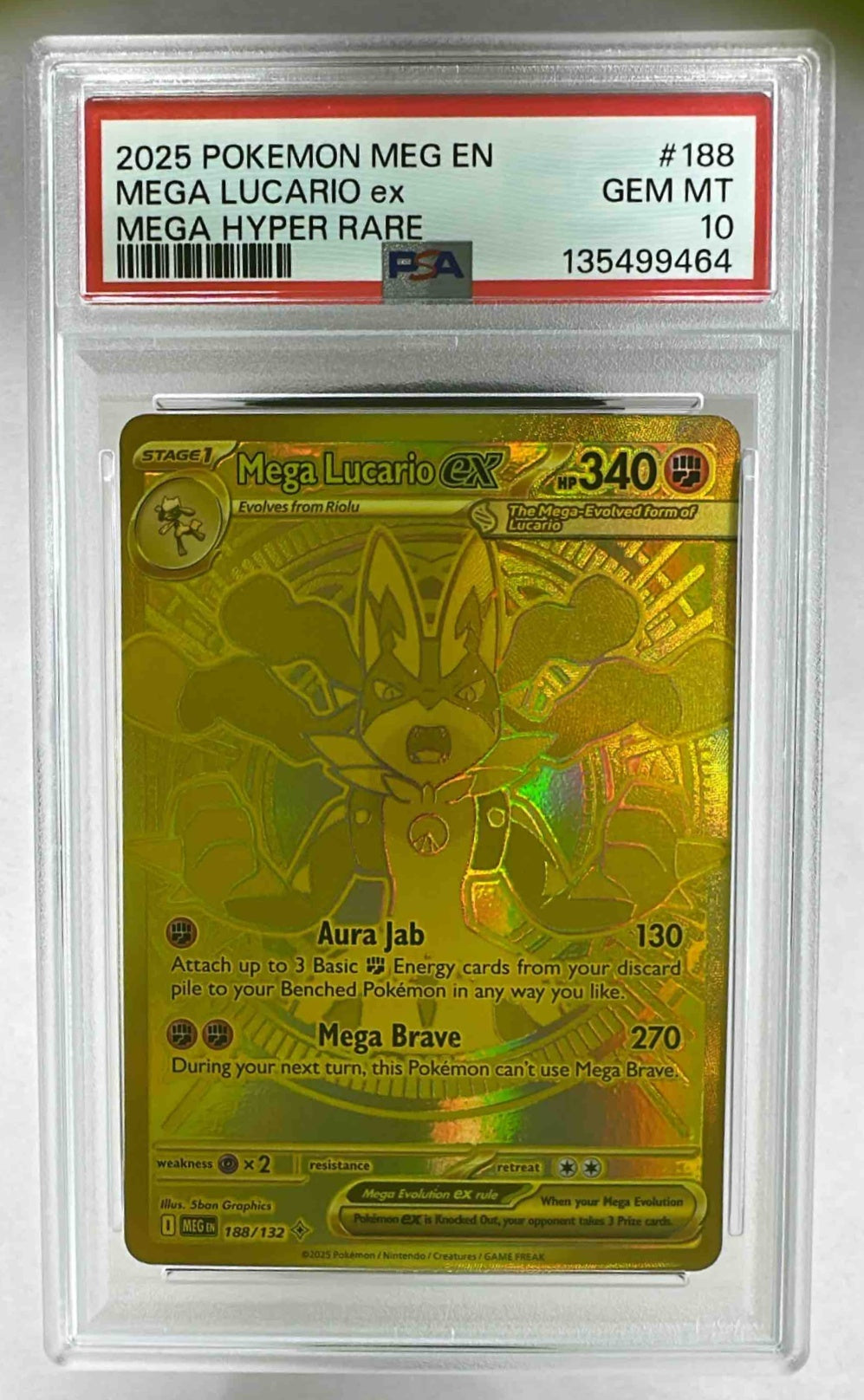 A PSA 10 graded gold Mega Lucario ex Pokemon card in a protective plastic slab.